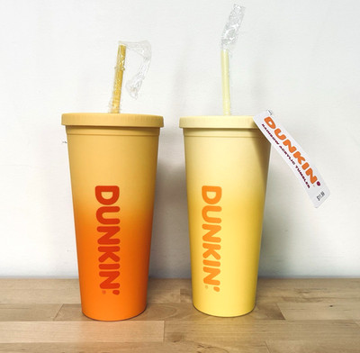 NEW Dunkin Rainbow Acrylic Tumblers 24oz Set of 2 Ombre Orange Yellow Sipper
