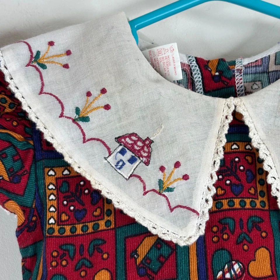 VTG 90s Christmas Dress 2T Micro Corduroy Embroidered Peter Pan Collar Cottage - Image 3 of 4