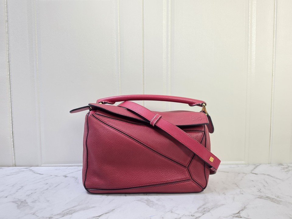 Authentic Loewe Puzzle Small Red Grained Calfskin Leather