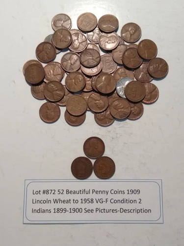 Lot #872 52 Beautiful Penny Coins 2 Indians 1899-1900 50 Wheats 1909-1958 VG-F