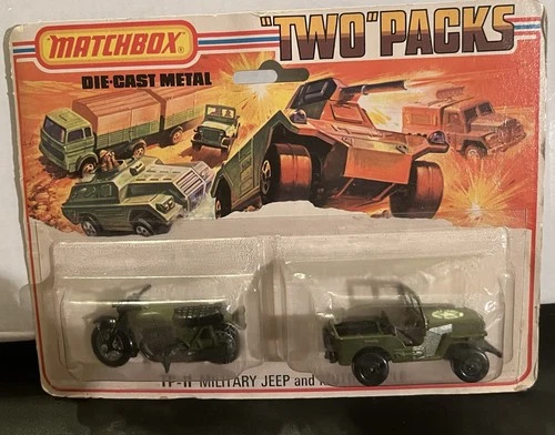 1975 LESNEY MATCHBOX TWO PACK TP-11 OLIVE MILITARY JEEP  W/O G & MOTORCYCLE NIOP