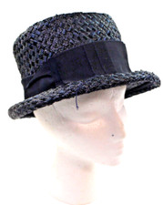 Vintage Dark Blue Medium Weave Woven Cello straw Netted Pill Box Hat 22"
