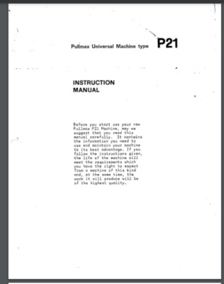 Pullmax P21 Universal Machine Type Parts and Service Manual 57 Pages Comb bound