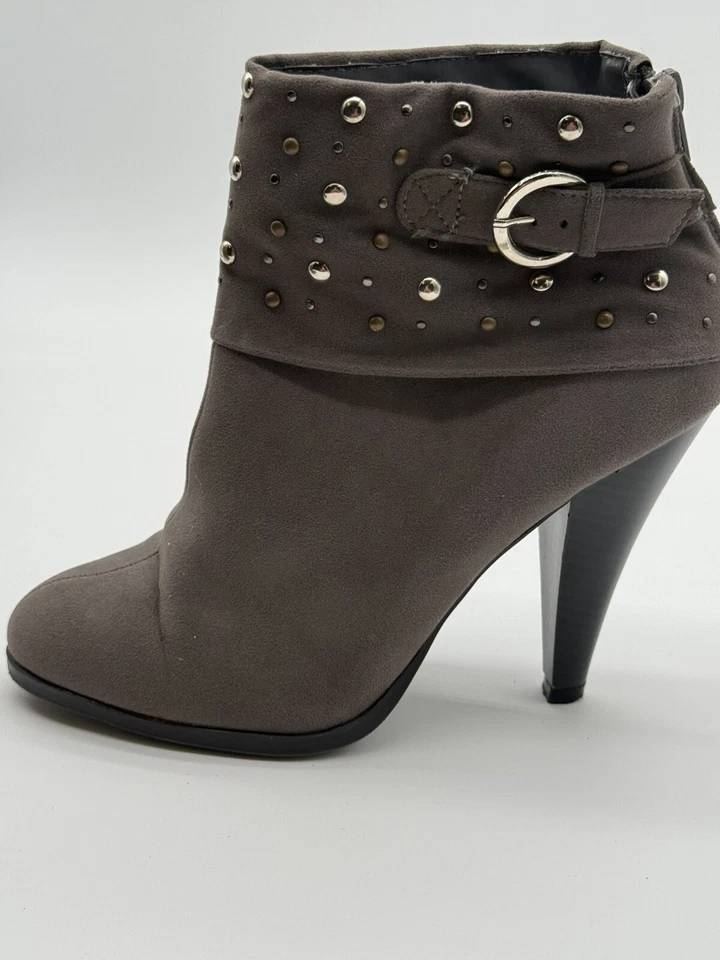 Qupid Ankle Boots - Faux Suede & Studded - Tucker Grey Size 8 with 4” Heel - Image 2 of 4