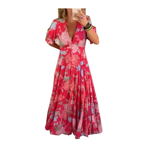 Damen Sommer-Strandkleid Boho-Blumen Lässig V-Ausschnitt Maxikleid A-Linien- æ - Bild 6 von 17