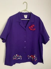 BonWorth Red Hat Society Purple Blouse Embroidered Buttons Front XL Petite