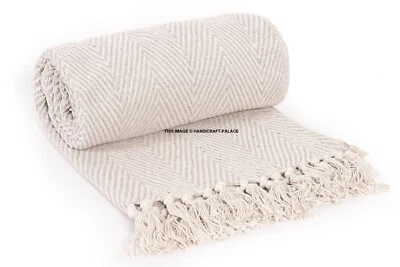 100% Cotton Grey Natural Woven Herringbone Sofa Chair Bed Throw Fringed Blanket - Image 1 of 4