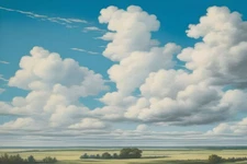 Blue Sky Clouds Floating by Plains Fields Trees Old Fashioned Poster Art Print A