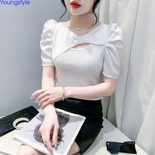 Korean Womens Puff Sleeve Beaded Summer Slim Party Cocktail Tops Blouse Shirts - Picture 4 of 20