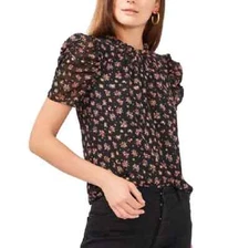 1.STATE Womens Ruched Floral Keyhole Top Gold Foil Floral Chiffon SZ Large
