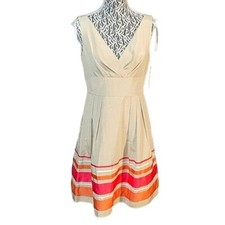 Julia Jordan Sleeveless V Neck Striped Hem Dress Size 8 Beige Pink Orange