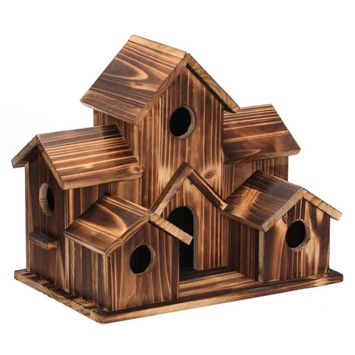Outside Wooden Bird Houses Hanging 6 Hole Handmade Natural Bird House Yard New - Picture 4 of 13