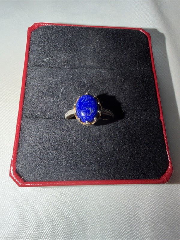 925 Sterling Silver Ring, Natural Lapis Lazuli, Size N.5 US 7, Gold Plated Ring 