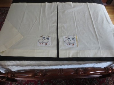 4 Handmade EMBROIDERED NATURAL MUSLIN CURTAIN PANELS & 1 VALANCE - 37''W x 34.5L