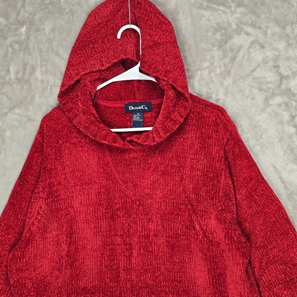 Suéter pulôver feminino Denim & Co 1X vermelho chenille malha com capuz túnica bolsos aconchegantes - Imagem 3 de 4