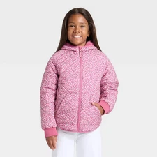 Girls' Floral Printed Hooded Reversible Puffer - Cat & Jack Rose Pink