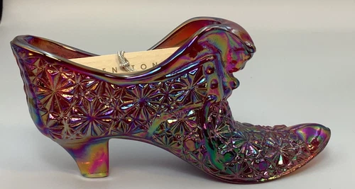 Vtg Fenton Iridescent Carnival Glass Daisy Cat Shoe w/ Original Label Stamped