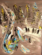 M.Kazav BLUE SAX   MODERN PAINTING   CANVAS ORIGINAL OIL N/R