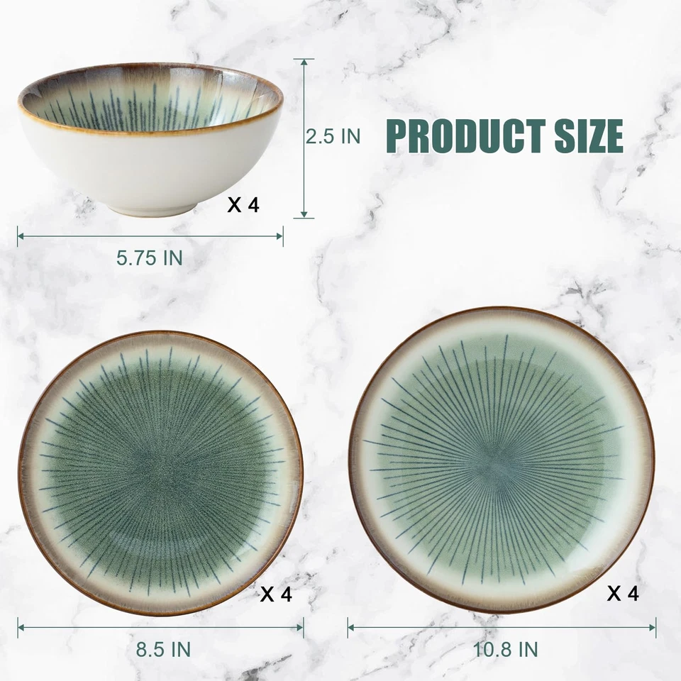 Juego de Vajilla Verde 12 Piezas Servicio para 4, Juego de Platos y Cuencos de Gres... Foto 3 de 4