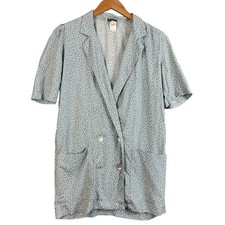 Vintage Taurus II Double Breasted Blue Floral Mini Dress Long Tunic Top Jacket 