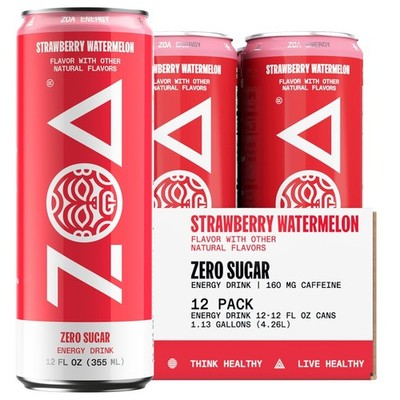 ZOA Zero Sugar Energy Drinks, Strawberry Watermelon - 12 Fl Oz (Pack of 12) 