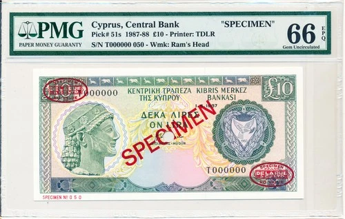Central Bank Cyprus 10 Pounds 1987 Specimen PMG 66EPQ