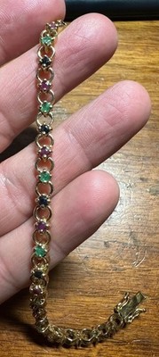 Vintage IBB Gold über Sterling Silber 925 Granat Armband 7,5'' schwarz blau grün