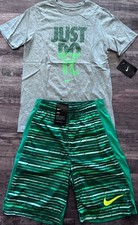 NEW Nike Boys YLG Green/Gray/Yellow JUST DO IT Print Dri-Fit Shorts Set Large
