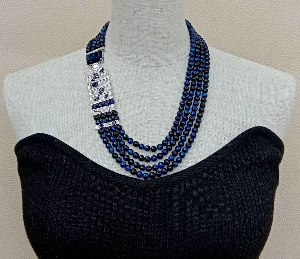 Round Blue Tiger's-Eye Necklace CZ Pave Connector 20" - Imagem 3 de 4