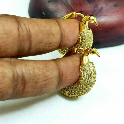 Indian Gold plated CZ AD Peacock Wedding Women bridal Hook Bali Dangler earrings - Foto 3 di 6