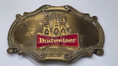 Vintage 1978 Budweiser Belt Buckle Raintree Brass Oil Derrick Shell Oil Promo US