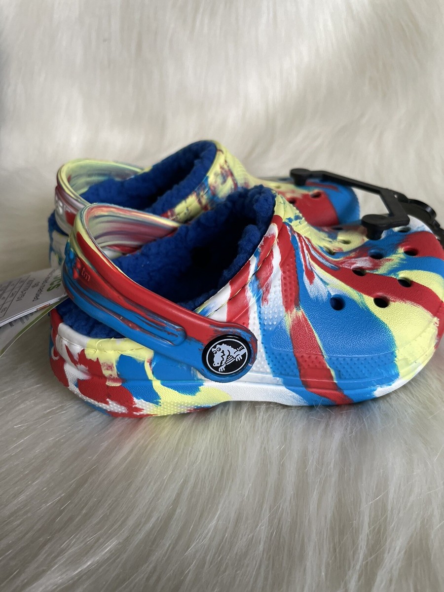 blue and white marble crocs