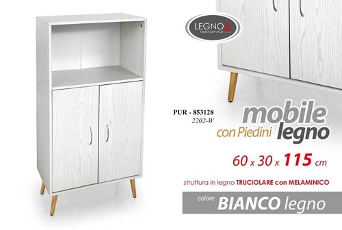 MOBILE ARMADIO 2 ANTE MODERNO SALOTTO CUCINA BAGNO BIANCO PIEDI LEGNO h115*60*30 - Foto 4 di 4