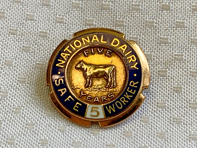 Vtg National Dairy Safe Worker Award Pin 5 Year Medal Blue Enamel Gold Filled
