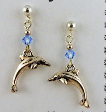 Sterling Silver Post Dolphin earrings w/ Sapphire blue Swarovski Crystal beads