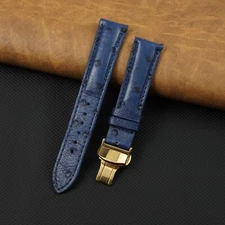 19mm Blue Padded Ostrich Leather Watch Band Gold Deployment Buckle Handmade Gift
