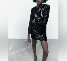 ZARA Sequin Sheath Dress M Medium Black Jersey Party Wedding Cruise NEW