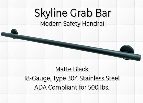 Skyline Shower Grab Bar Smooth Grip in Matte Black Finish Holds Upto 400 lb - Picture 23 of 24