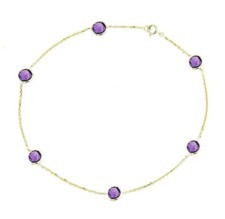 14K Yellow Gold Anklet Bracelet With Round Amethyst Gemstones 9.5 Inches