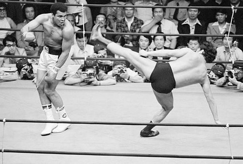Muhammad Ali Dodges Kick Of Japanese Wrestler 1976 Old Boxing Photo