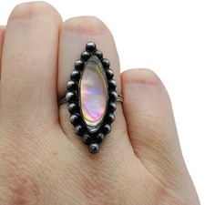 Vintage Mexico Large Sterling Silver Abalone Shell Ring Sz 7.25 Signed Ornate