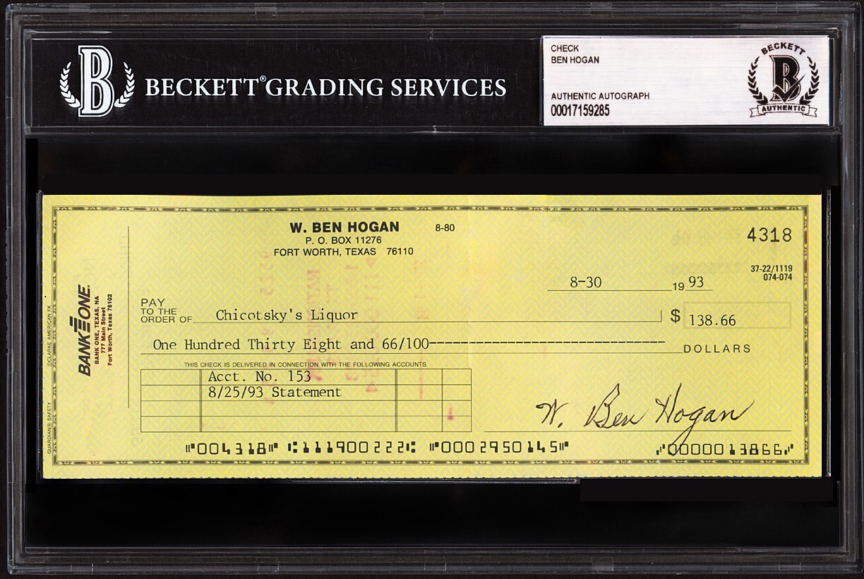 Ben Hogan Autographed Signed 1993 Personal Check Encapsulated BAS Beckett 