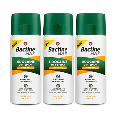3 Pack Bactine MAX Dry Spray for Pain Relief with 4% Lidocaine 4 Oz (175ml) Each
