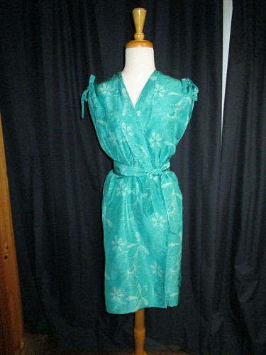 VINTAGE 80s WRAP DRESS SLEEVELESS KIMONO STYLE GRE