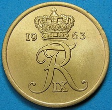 Denmark 5 Ore Bronze Coin 1963 Glossy Uncirculated, Free S/H after 1st item