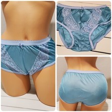 Shiny Double Nylon LACE Silky Granny Panty Wide Gusset Full Cut 7/L Icy BLUE
