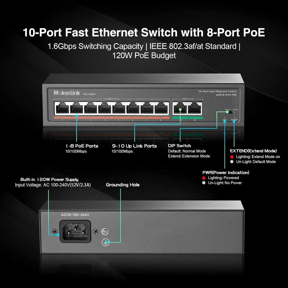 Conmutador Poe de 10 Puertos con 8 Puertos Poe+, 2 Fast Ethernet Uplink, 100Mbps, 120W 802.3 Foto 4 de 4