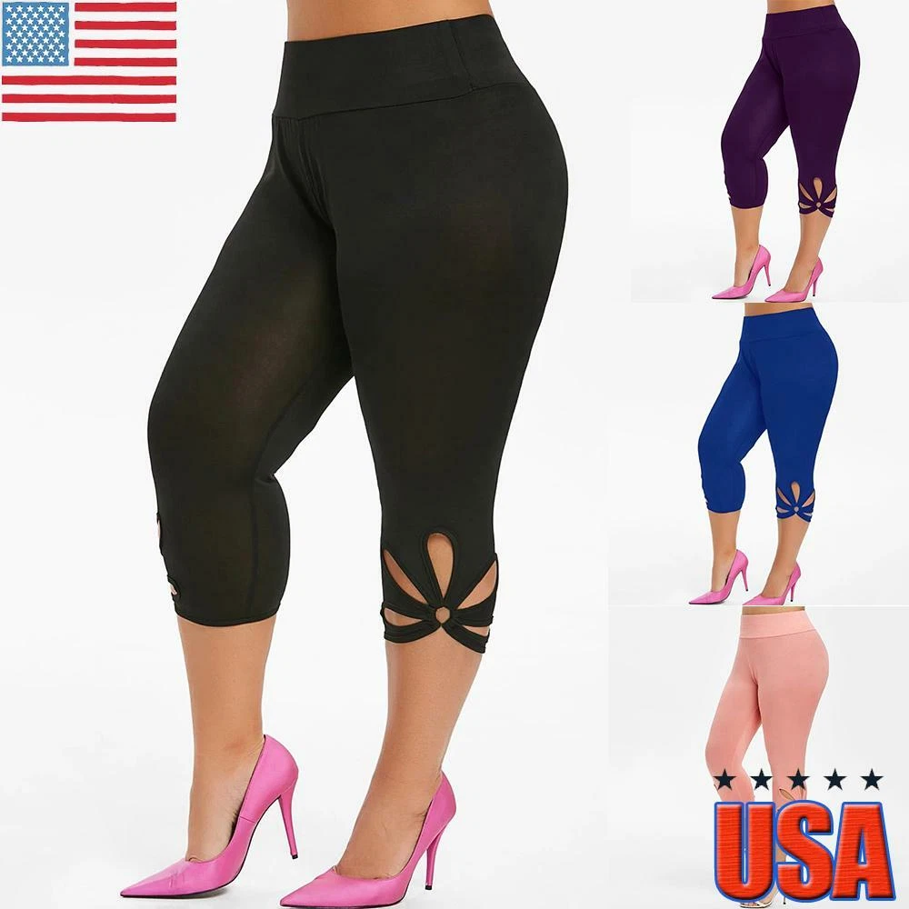Plus Size Womens Yoga Pants Leggings 3/4 Capri Cropped Casual Sport Gym  Trousers | eBay