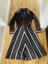 Vintage Dress 1970s Brown Striped Shirt Waist Long Sleeve Below Knee Dress UK 10