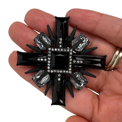 Cross Brooch Black Rhinestone Statement Pin Gothic Jewelry C14Q